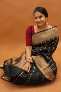 Black Banarasi Soft Silk Saree with Copper Zari Pinstripes and Broad Copper Brocade Border  in Surat