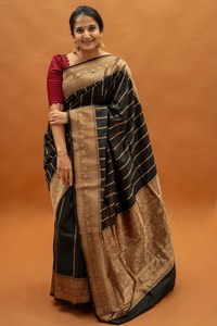 Black Banarasi Soft Silk Saree with Copper Zari Pinstripes and Broad Copper Brocade Border  in Surat