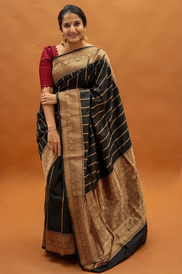 Black Banarasi Soft Silk Saree with Copper Zari Pinstripes and Broad Copper Brocade Border  in Surat