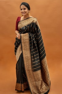 Black Banarasi Soft Silk Saree with Copper Zari Pinstripes and Broad Copper Brocade Border  in Surat