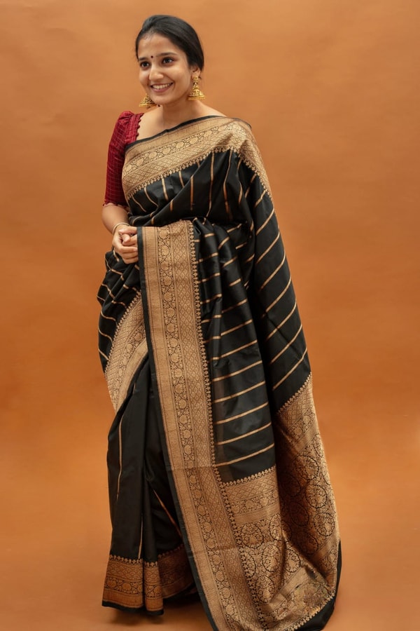 Black Banarasi Soft Silk Saree with Copper Zari Pinstripes and Broad Copper Brocade Border  in Surat