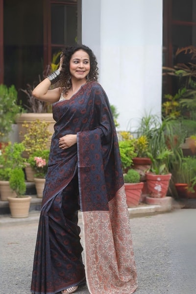 Black Banarasi Soft Silk Saree with Copper Zari Weave and Peach-Toned Woven Pallu in Surat