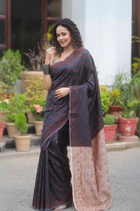 Black Banarasi Soft Silk Saree with Copper Zari Weave and Peach-Toned Woven Pallu  in Surat