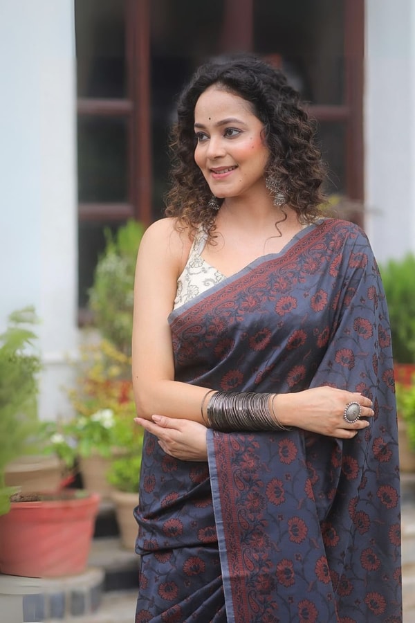 Black Banarasi Soft Silk Saree with Copper Zari Weave and Peach-Toned Woven Pallu  in Surat