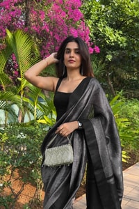 Black Banarasi Soft Silk Saree with Fine Silver Zari Stripes and Silver Woven Pallu  in Surat