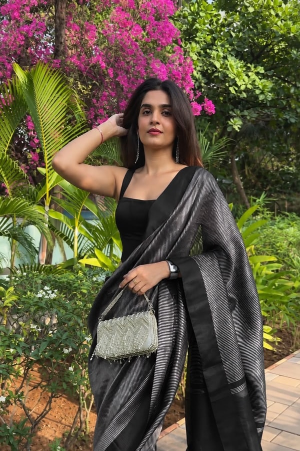 Black Banarasi Soft Silk Saree with Fine Silver Zari Stripes and Silver Woven Pallu  in Surat