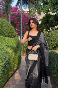 Black Banarasi Soft Silk Saree with Fine Silver Zari Stripes and Silver Woven Pallu  in Surat