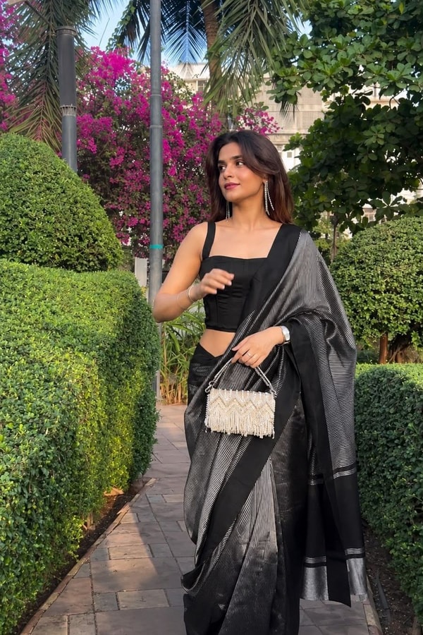 Black Banarasi Soft Silk Saree with Fine Silver Zari Stripes and Silver Woven Pallu  in Surat