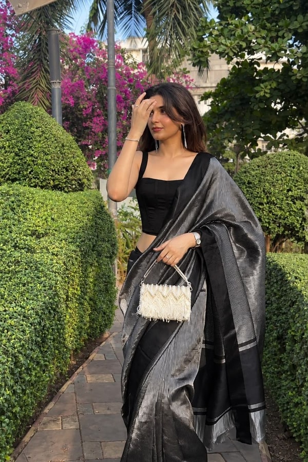 Black Banarasi Soft Silk Saree with Fine Silver Zari Stripes and Silver Woven Pallu  in Surat