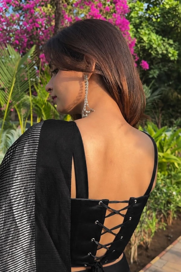 Black Banarasi Soft Silk Saree with Fine Silver Zari Stripes and Silver Woven Pallu  in Surat