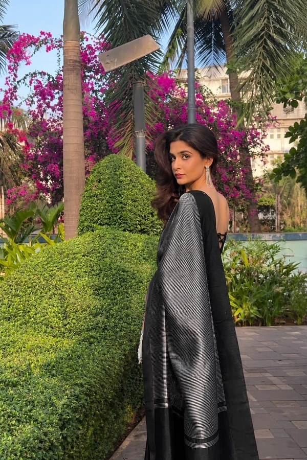 Black Banarasi Soft Silk Saree with Fine Silver Zari Stripes and Silver Woven Pallu  in Surat