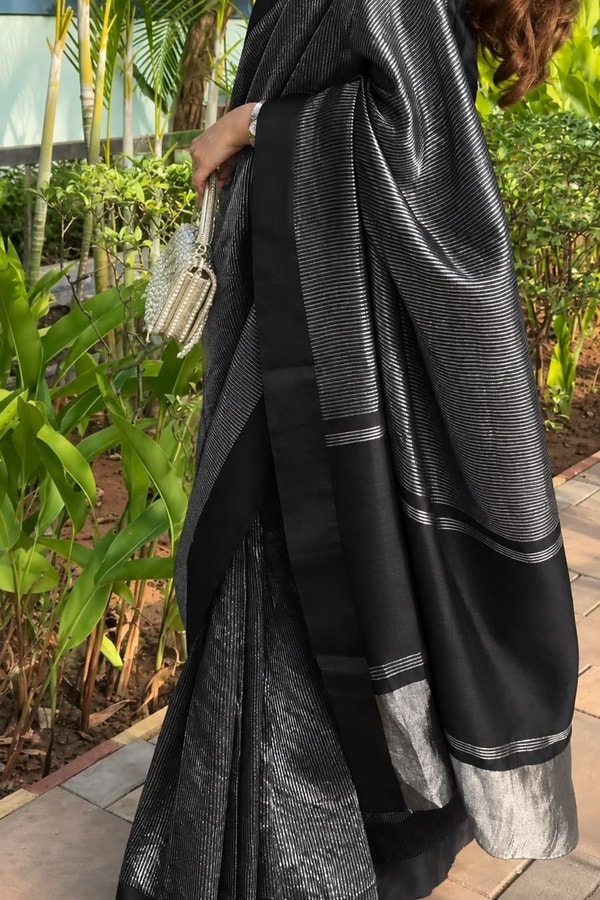 Black Banarasi Soft Silk Saree with Fine Silver Zari Stripes and Silver Woven Pallu  in Surat