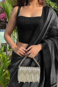 Black Banarasi Soft Silk Saree with Fine Silver Zari Stripes and Silver Woven Pallu  in Surat