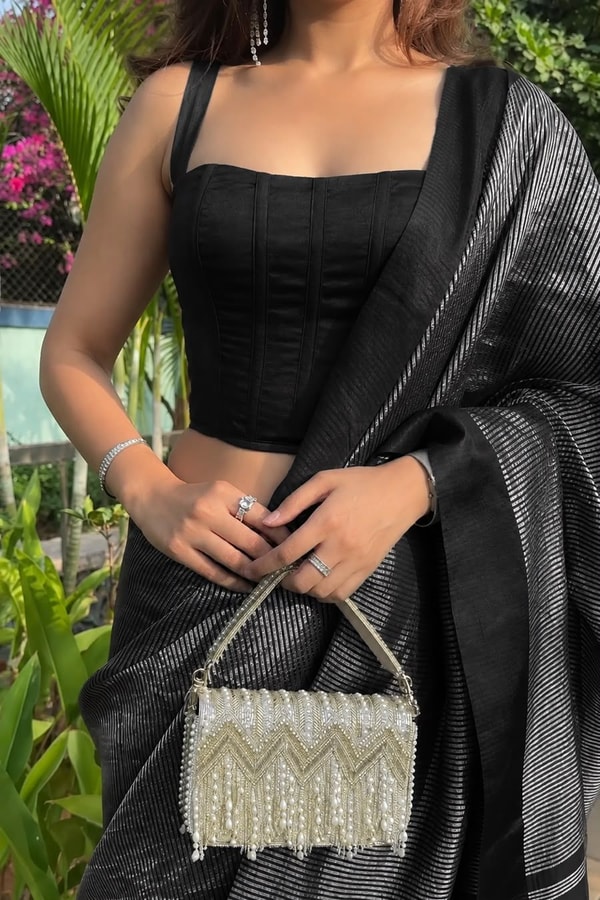 Black Banarasi Soft Silk Saree with Fine Silver Zari Stripes and Silver Woven Pallu  in Surat