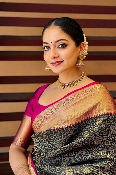 Black Banarasi Soft Silk Saree with Gold Floral Jaal and Copper Zari Border with Pink Edge in Surat