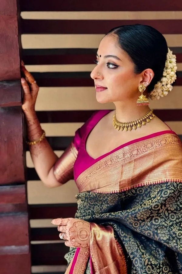 Black Banarasi Soft Silk Saree with Gold Floral Jaal and Copper Zari Border with Pink Edge  in Surat