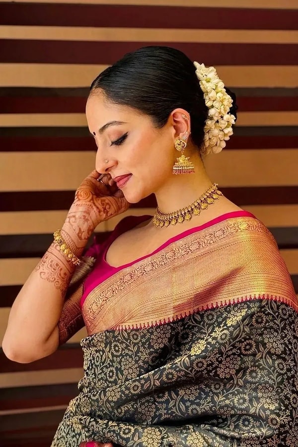 Black Banarasi Soft Silk Saree with Gold Floral Jaal and Copper Zari Border with Pink Edge  in Surat