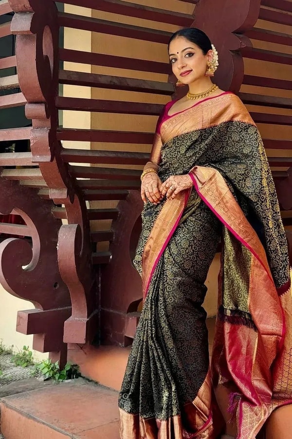 Black Banarasi Soft Silk Saree with Gold Floral Jaal and Copper Zari Border with Pink Edge  in Surat