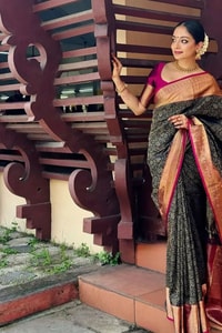 Black Banarasi Soft Silk Saree with Gold Floral Jaal and Copper Zari Border with Pink Edge  in Surat