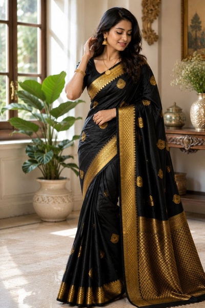 Black Banarasi Soft Silk Saree with Gold Zari Buttas and Broad Lemon Gold Border in Surat