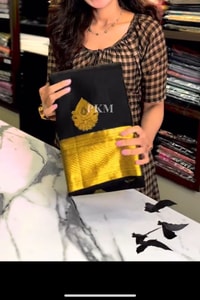 Black Banarasi Soft Silk Saree with Gold Zari Buttas and Broad Lemon Gold Border  in Surat