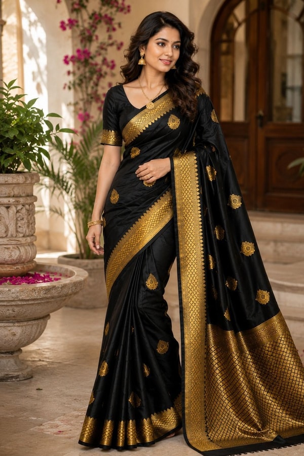 Black Banarasi Soft Silk Saree with Gold Zari Buttas and Broad Lemon Gold Border  in Surat