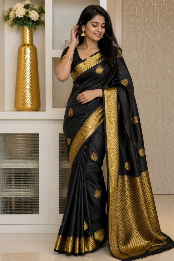 Black Banarasi Soft Silk Saree with Gold Zari Buttas and Broad Lemon Gold Border  in Surat