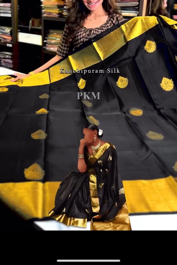 Black Banarasi Soft Silk Saree with Gold Zari Buttas and Broad Lemon Gold Border  in Surat