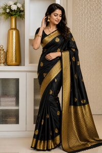 Black Banarasi Soft Silk Saree with Gold Zari Buttas and Broad Lemon Gold Border  in Surat