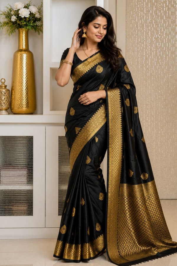 Black Banarasi Soft Silk Saree with Gold Zari Buttas and Broad Lemon Gold Border  in Surat