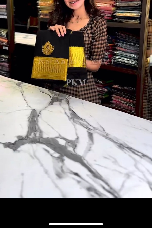 Black Banarasi Soft Silk Saree with Gold Zari Buttas and Broad Lemon Gold Border  in Surat