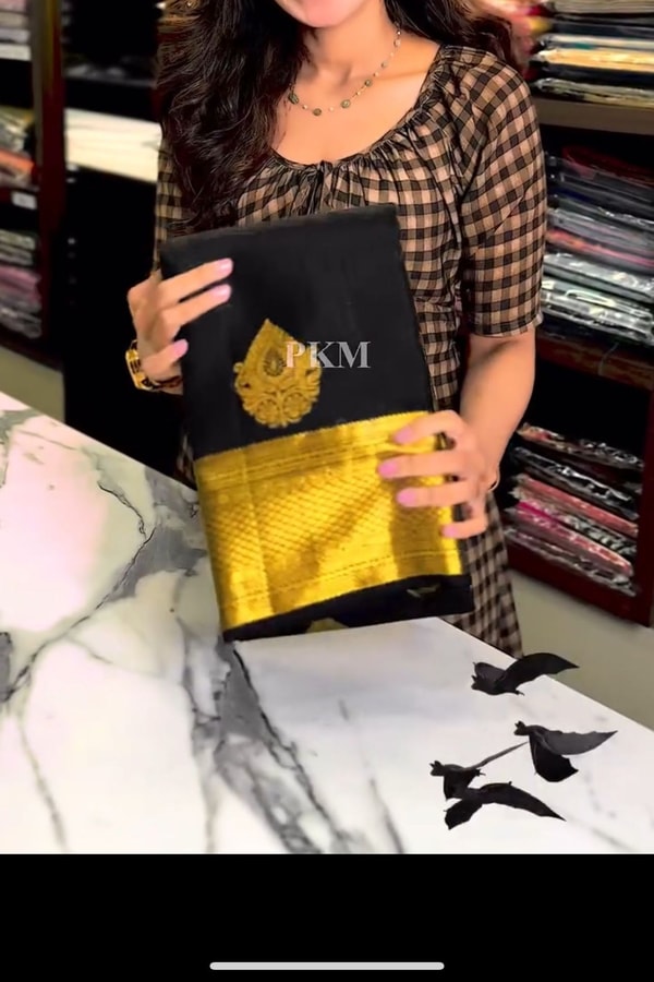 Black Banarasi Soft Silk Saree with Gold Zari Buttas and Broad Lemon Gold Border  in Surat