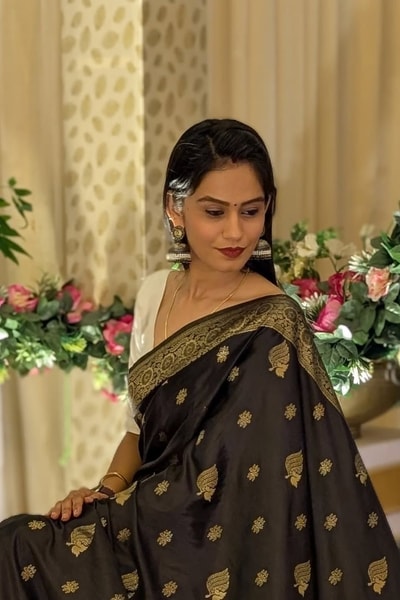 Black Banarasi Soft Silk Saree with Gold Zari Buttas and Heavy Banded Gold Zari Pallu in Surat