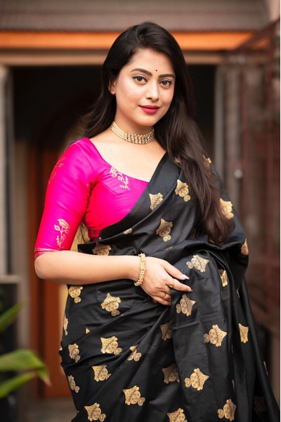 Black Banarasi Soft Silk Saree with Gold Zari Buttis and Contrast Checked Pallu and Blouse in Surat