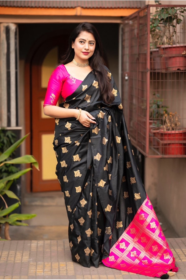Black Banarasi Soft Silk Saree with Gold Zari Buttis and Contrast Checked Pallu and Blouse  in Surat