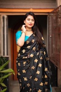 Black Banarasi Soft Silk Saree with Gold Zari Buttis and Contrast Checked Pallu and Blouse  in Surat