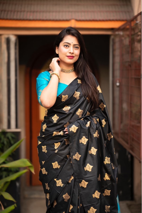 Black Banarasi Soft Silk Saree with Gold Zari Buttis and Contrast Checked Pallu and Blouse  in Surat