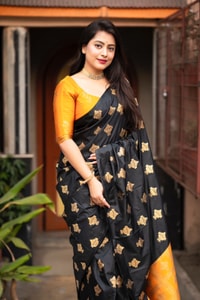 Black Banarasi Soft Silk Saree with Gold Zari Buttis and Contrast Checked Pallu and Blouse  in Surat