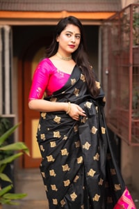 Black Banarasi Soft Silk Saree with Gold Zari Buttis and Contrast Checked Pallu and Blouse  in Surat