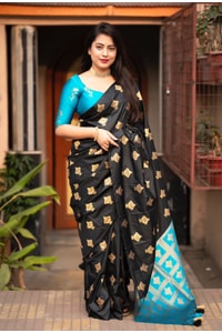 Black Banarasi Soft Silk Saree with Gold Zari Buttis and Contrast Checked Pallu and Blouse  in Surat