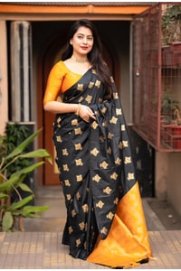Black Banarasi Soft Silk Saree with Gold Zari Buttis and Contrast Checked Pallu and Blouse  in Surat