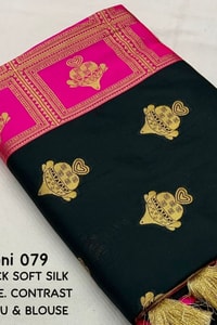 Black Banarasi Soft Silk Saree with Gold Zari Buttis and Contrast Checked Pallu and Blouse  in Surat