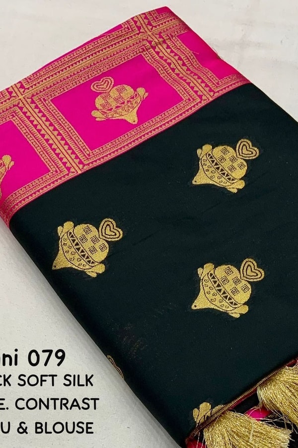 Black Banarasi Soft Silk Saree with Gold Zari Buttis and Contrast Checked Pallu and Blouse  in Surat