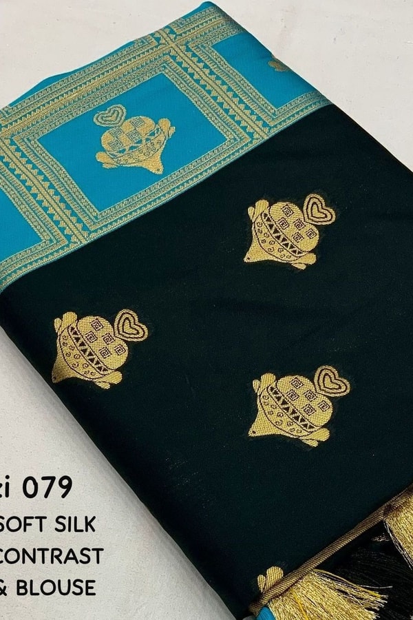 Black Banarasi Soft Silk Saree with Gold Zari Buttis and Contrast Checked Pallu and Blouse  in Surat