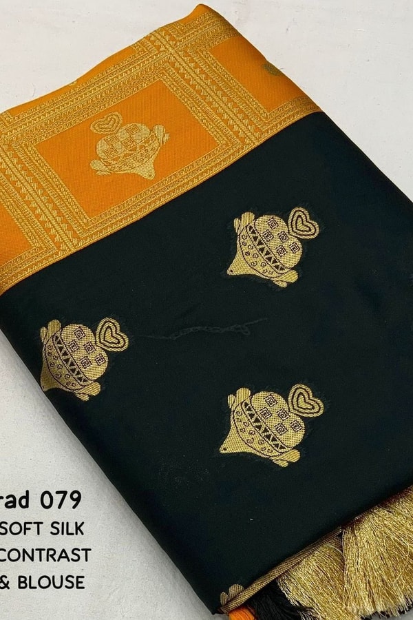 Black Banarasi Soft Silk Saree with Gold Zari Buttis and Contrast Checked Pallu and Blouse  in Surat