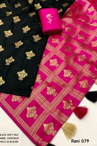 Black Banarasi Soft Silk Saree with Gold Zari Buttis and Contrast Checked Pallu and Blouse  in Surat