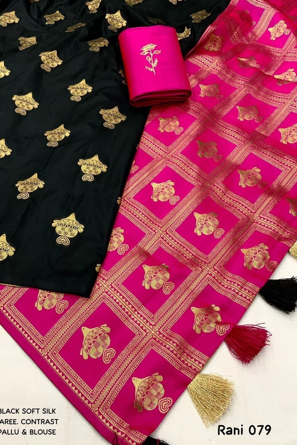 Black Banarasi Soft Silk Saree with Gold Zari Buttis and Contrast Checked Pallu and Blouse  in Surat