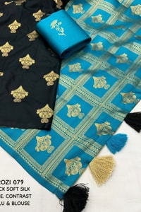 Black Banarasi Soft Silk Saree with Gold Zari Buttis and Contrast Checked Pallu and Blouse  in Surat