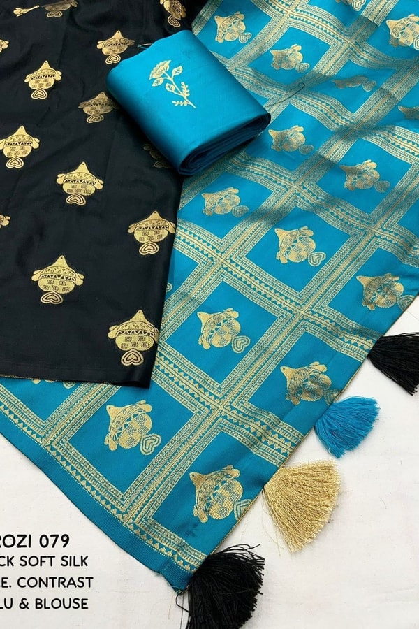 Black Banarasi Soft Silk Saree with Gold Zari Buttis and Contrast Checked Pallu and Blouse  in Surat