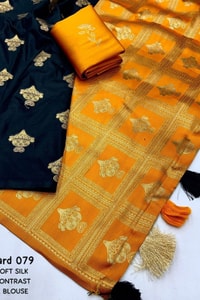 Black Banarasi Soft Silk Saree with Gold Zari Buttis and Contrast Checked Pallu and Blouse  in Surat
